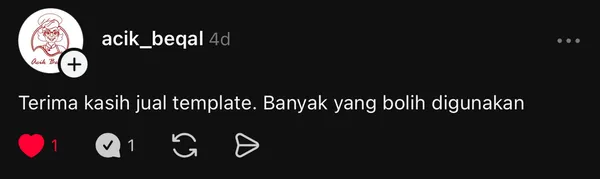 Screenshot Threads: acik_beqal tulis 'Terima kasih jual template. Banyak yang bolih digunakan'