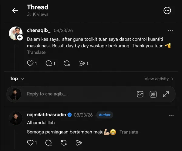 Screenshot Threads: chenaqib_ tulis 'Dalam kes saya, after guna toolkit tuan saya dapat control kuantiti masak nasi. Result day by day wastage berkurang.'
